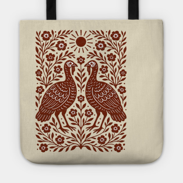 Floral Turkey Linocut Folk Art Vintage Rustic Thanksgiving Tote by Db Printed