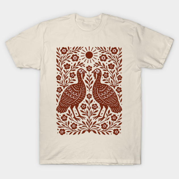 Floral Turkey Linocut Folk Art Vintage Rustic Thanksgiving T-Shirt by Db Printed
