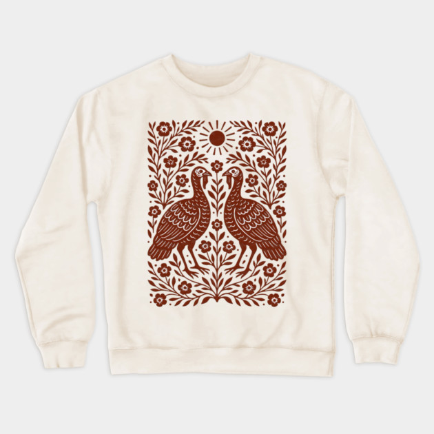 Floral Turkey Linocut Folk Art Vintage Rustic Thanksgiving Crewneck Sweatshirt by Db Printed