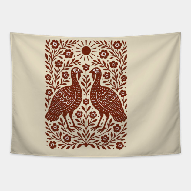 Floral Turkey Linocut Folk Art Vintage Rustic Thanksgiving Tapestry by Db Printed