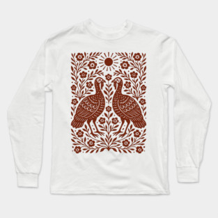 Floral Turkey Linocut Folk Art Vintage Rustic Thanksgiving Long Sleeve T-Shirt