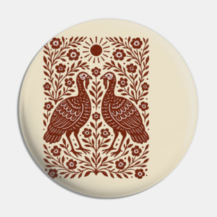 Floral Turkey Linocut Folk Art Vintage Rustic Thanksgiving Pin
