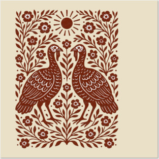 Floral Turkey Linocut Folk Art Vintage Rustic Thanksgiving Posters and Art