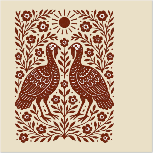 Floral Turkey Linocut Folk Art Vintage Rustic Thanksgiving Wall Art by Db Printed