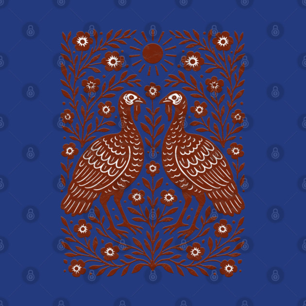 Floral Turkey Linocut Folk Art Vintage Rustic Thanksgiving by Db Printed