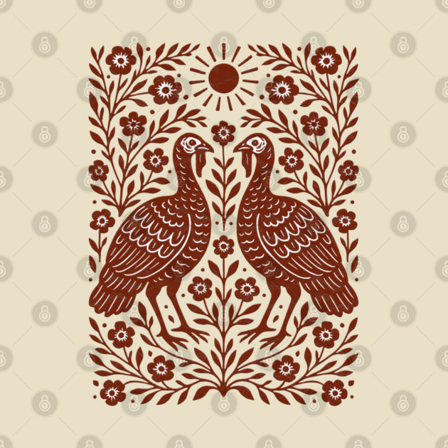 Floral Turkey Linocut Folk Art Vintage Rustic Thanksgiving by Db Printed