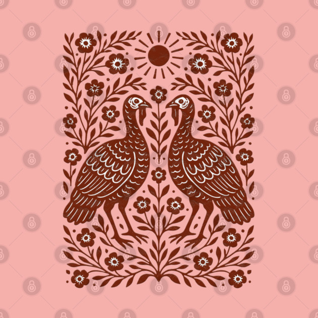 Floral Turkey Linocut Folk Art Vintage Rustic Thanksgiving by Db Printed