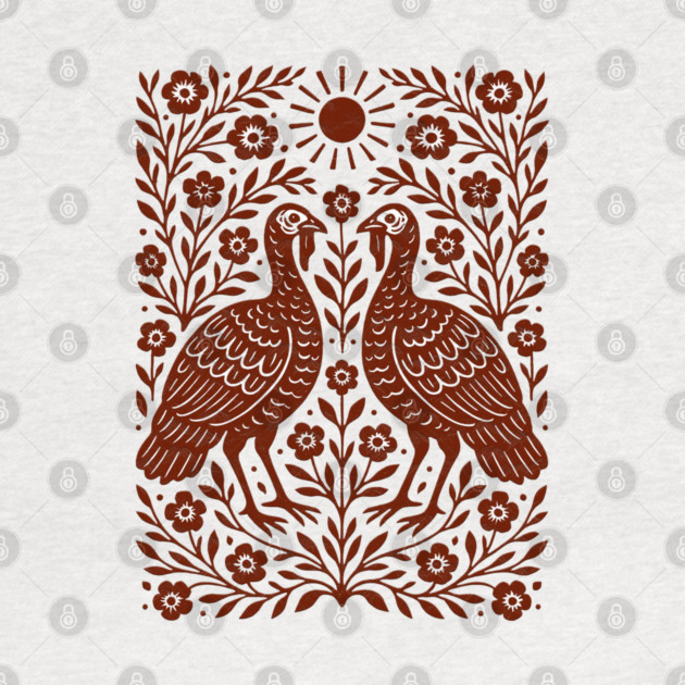 Floral Turkey Linocut Folk Art Vintage Rustic Thanksgiving by Db Printed