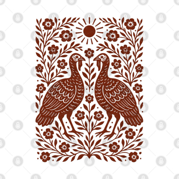 Floral Turkey Linocut Folk Art Vintage Rustic Thanksgiving by Db Printed