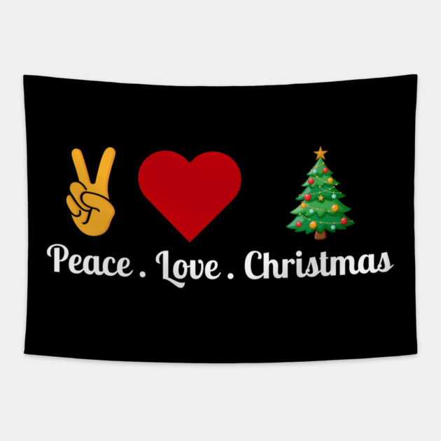 Peace Love Christmas - Hand Peace Sign, Bold Heart, Tree Tapestry by Creatifly Graphic Tees