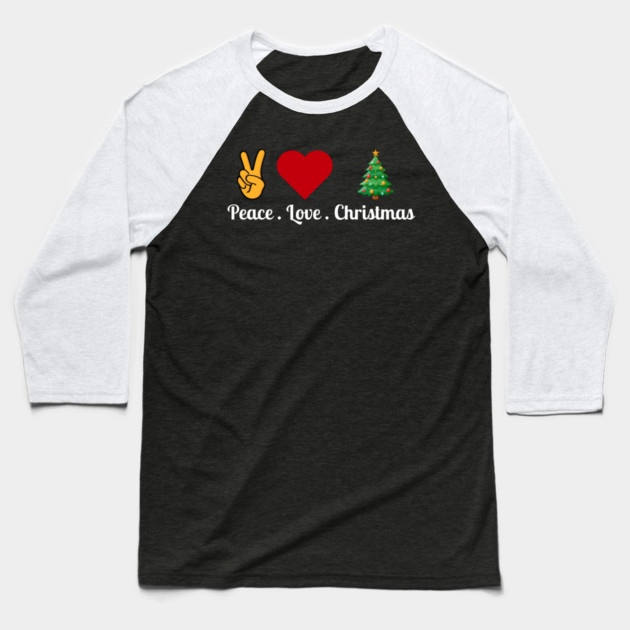 Peace Love Christmas - Hand Peace Sign, Bold Heart, Tree Baseball T-Shirt by Creatifly Graphic Tees