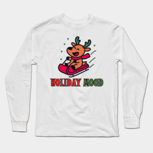 Holiday Mood Cute Reindeer Sledding Funny Christmas Long Sleeve T-Shirt