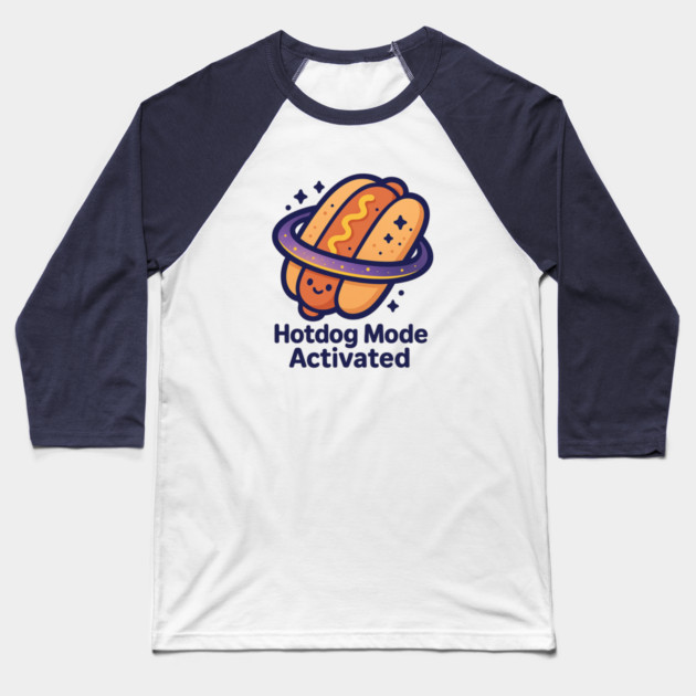 Hotdog Mode Activated – Cosmo Bites Kawaii Space Hotdog Design Baseball T-Shirt by Anne Lee