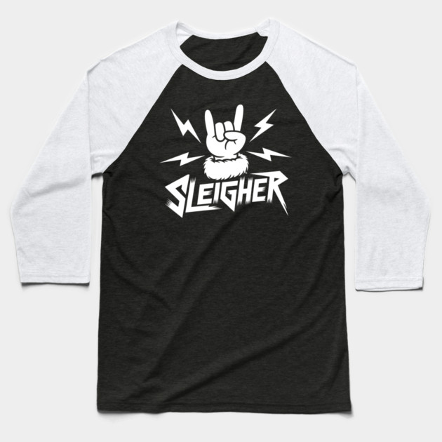 Sleigher – Metal Christmas Rock Hand Baseball T-Shirt by Cosmo Gazoo