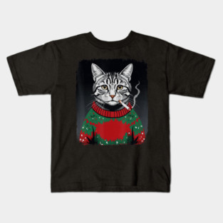 Grumpy Christmas Cat With Cozy Steam Retro Holiday Mood Design Kids T-Shirt