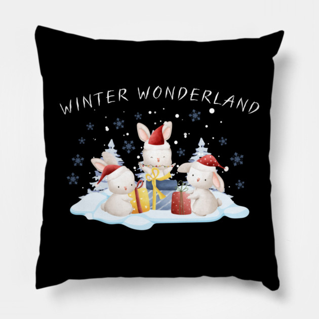 Winter Wonderland Bunnies with Christmas Gifts Pillow by Creatifly Graphic Tees