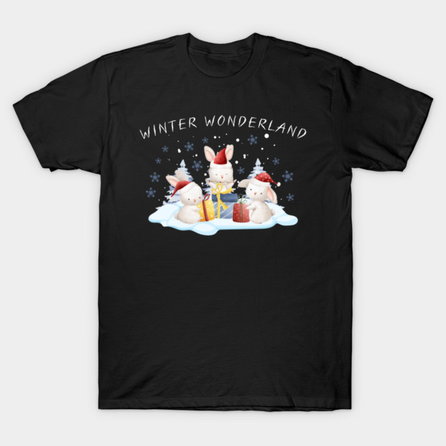 Winter Wonderland Bunnies with Christmas Gifts T-Shirt by Creatifly Graphic Tees