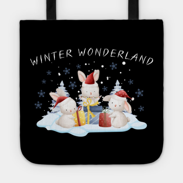 Winter Wonderland Bunnies with Christmas Gifts Tote by Creatifly Graphic Tees