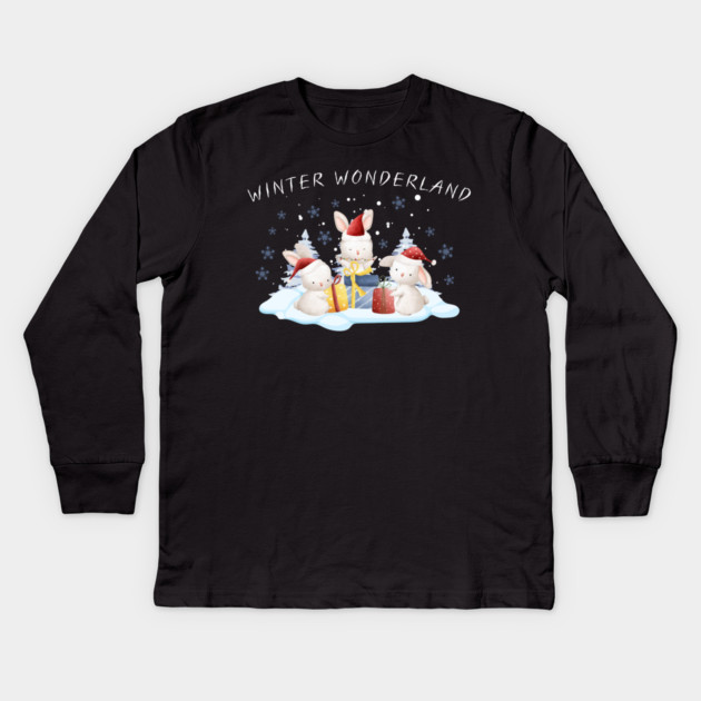 Winter Wonderland Bunnies with Christmas Gifts Kids Long Sleeve T-Shirt by Creatifly Graphic Tees