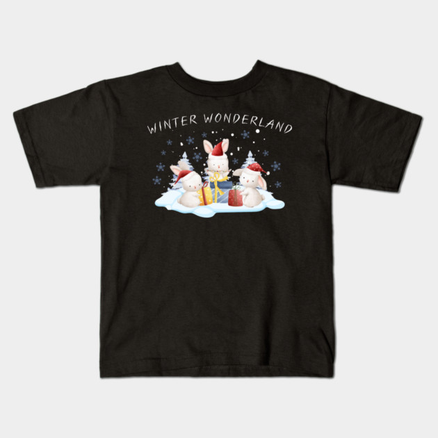 Winter Wonderland Bunnies with Christmas Gifts Kids T-Shirt by Creatifly Graphic Tees