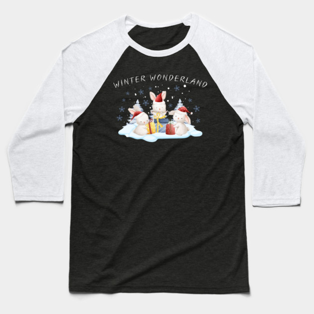Winter Wonderland Bunnies with Christmas Gifts Baseball T-Shirt by Creatifly Graphic Tees