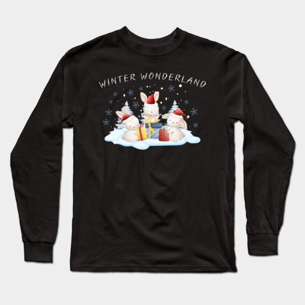 Winter Wonderland Bunnies with Christmas Gifts Long Sleeve T-Shirt by Creatifly Graphic Tees