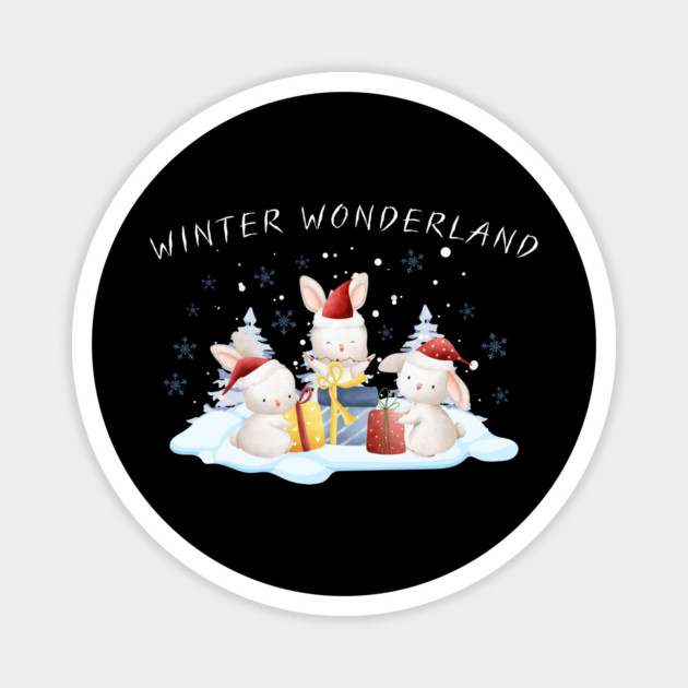 Winter Wonderland Bunnies with Christmas Gifts Magnet by Creatifly Graphic Tees