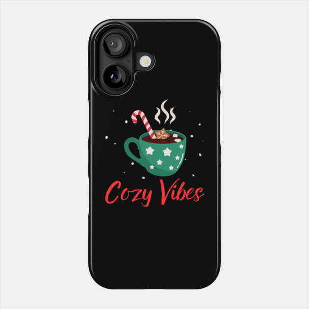 Cozy Vibes Hot Chocolate Mug with Marshmallows on Snowy Black Phone Case by Creatifly Graphic Tees