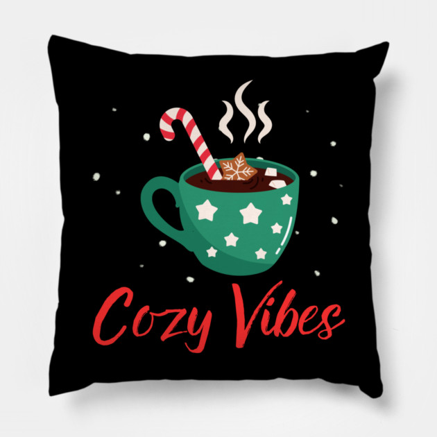 Cozy Vibes Hot Chocolate Mug with Marshmallows on Snowy Black Pillow by Creatifly Graphic Tees