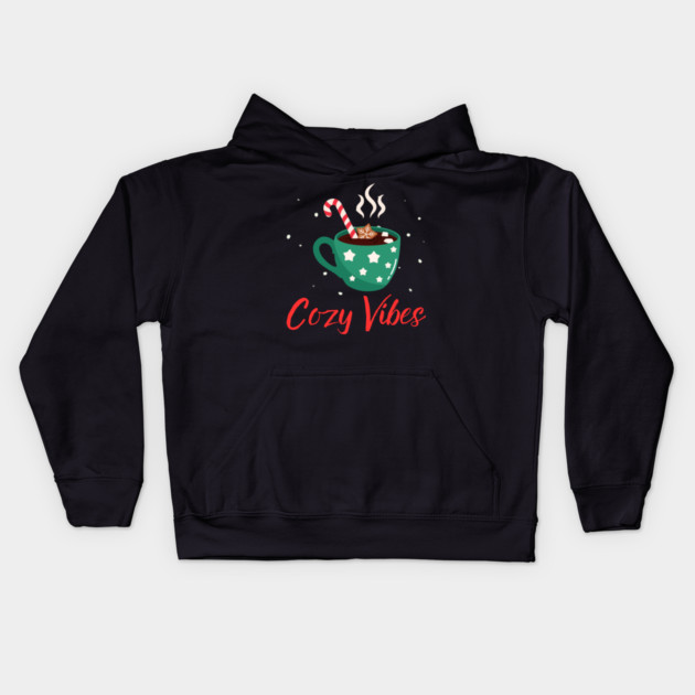 Cozy Vibes Hot Chocolate Mug with Marshmallows on Snowy Black Kids Hoodie by Creatifly Graphic Tees