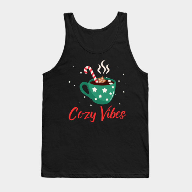 Cozy Vibes Hot Chocolate Mug with Marshmallows on Snowy Black Tank Top by Creatifly Graphic Tees