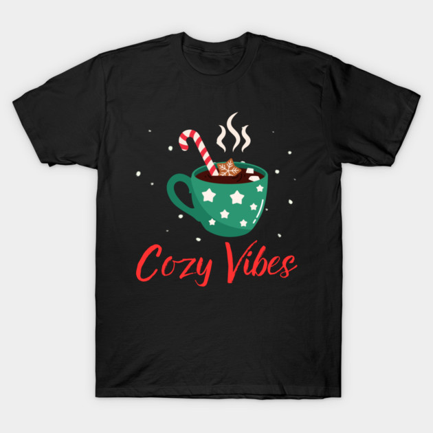 Cozy Vibes Hot Chocolate Mug with Marshmallows on Snowy Black T-Shirt by Creatifly Graphic Tees