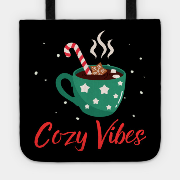 Cozy Vibes Hot Chocolate Mug with Marshmallows on Snowy Black Tote by Creatifly Graphic Tees