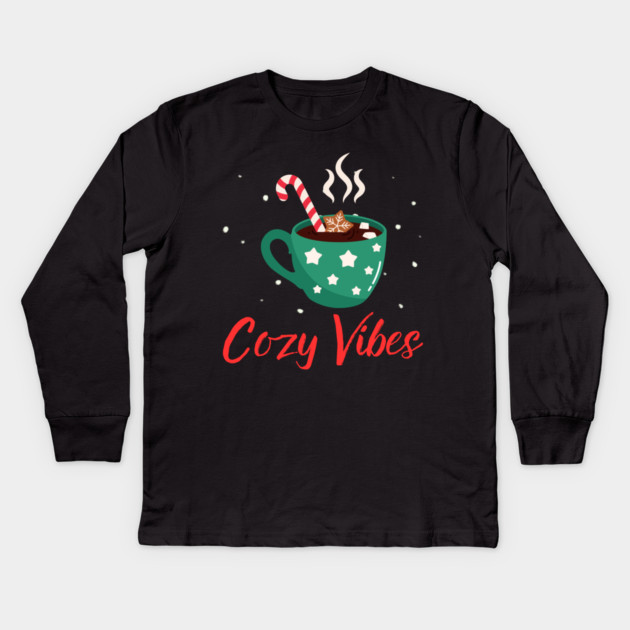 Cozy Vibes Hot Chocolate Mug with Marshmallows on Snowy Black Kids Long Sleeve T-Shirt by Creatifly Graphic Tees
