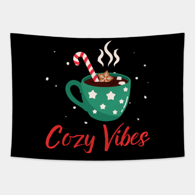Cozy Vibes Hot Chocolate Mug with Marshmallows on Snowy Black Tapestry by Creatifly Graphic Tees