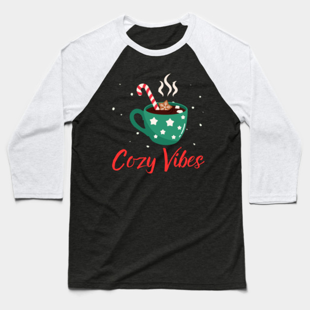 Cozy Vibes Hot Chocolate Mug with Marshmallows on Snowy Black Baseball T-Shirt by Creatifly Graphic Tees