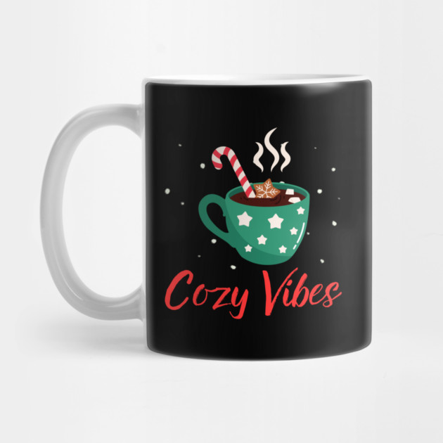 Cozy Vibes Hot Chocolate Mug with Marshmallows on Snowy Black by Creatifly Graphic Tees