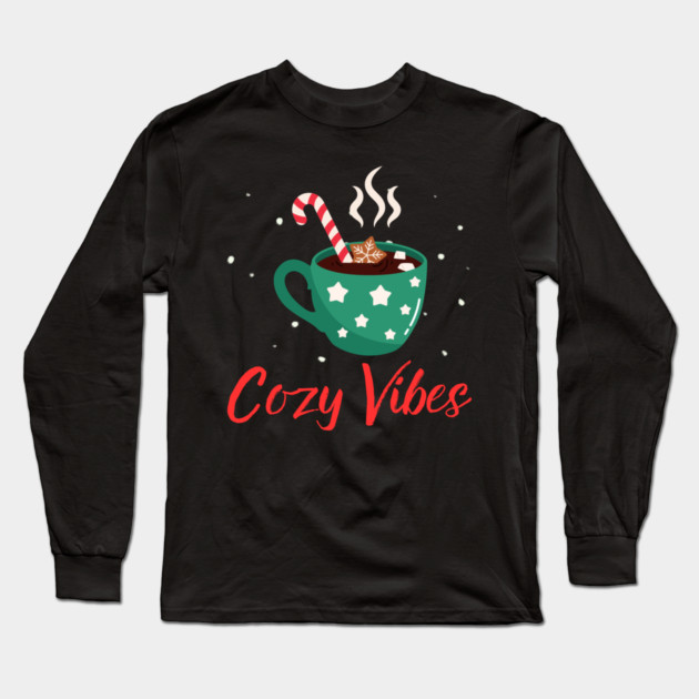 Cozy Vibes Hot Chocolate Mug with Marshmallows on Snowy Black Long Sleeve T-Shirt by Creatifly Graphic Tees