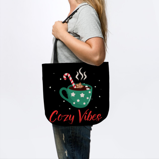Cozy Vibes Hot Chocolate Mug with Marshmallows on Snowy Black by Creatifly Graphic Tees