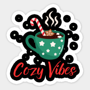 Cozy Vibes Hot Chocolate Mug with Marshmallows on Snowy Black Sticker