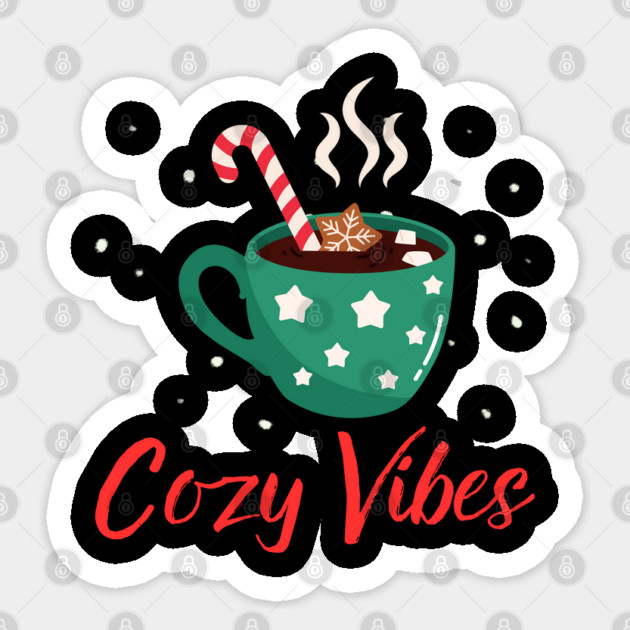 Cozy Vibes Hot Chocolate Mug with Marshmallows on Snowy Black Sticker by Creatifly Graphic Tees