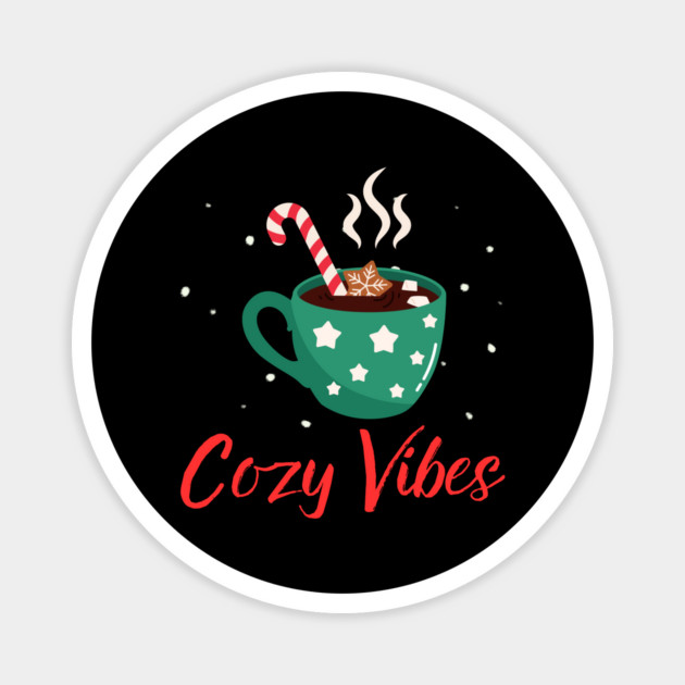 Cozy Vibes Hot Chocolate Mug with Marshmallows on Snowy Black Magnet by Creatifly Graphic Tees
