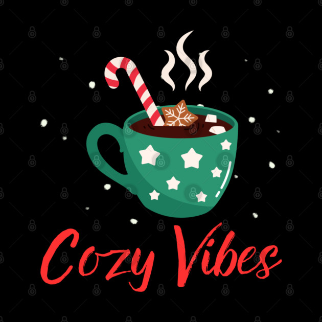Cozy Vibes Hot Chocolate Mug with Marshmallows on Snowy Black by Creatifly Graphic Tees