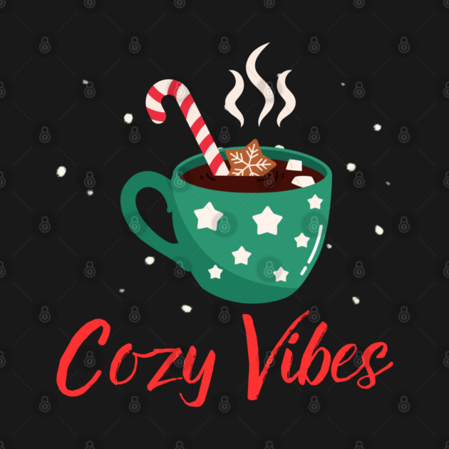Cozy Vibes Hot Chocolate Mug with Marshmallows on Snowy Black by Creatifly Graphic Tees