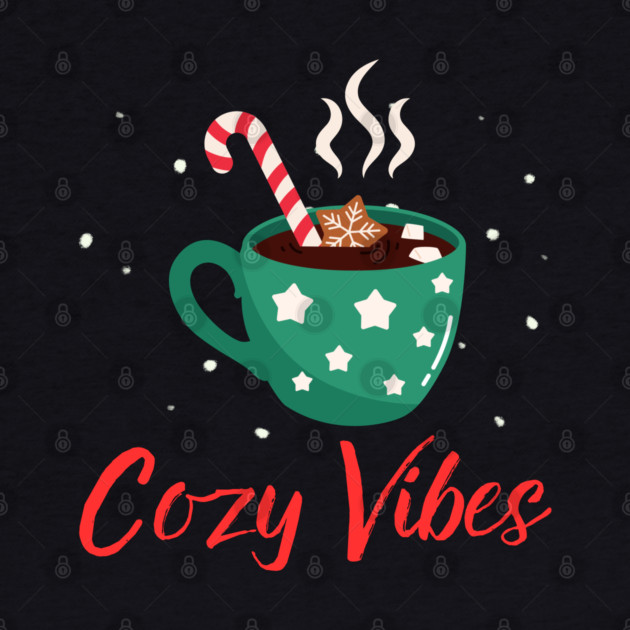 Cozy Vibes Hot Chocolate Mug with Marshmallows on Snowy Black by Creatifly Graphic Tees