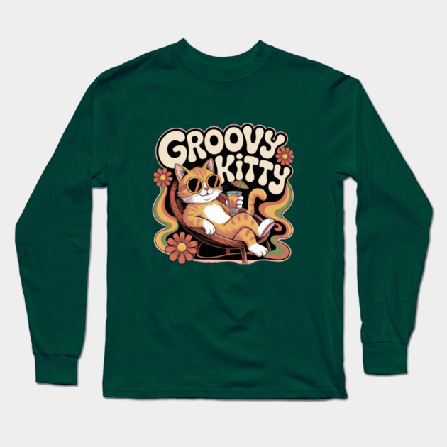 Groovy Kitty - Retro 1970s Cartoon Cat Long Sleeve T-Shirt by Vintage Retro Prints by RDR Design