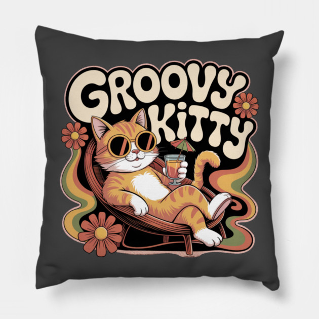 Groovy Kitty - Retro 1970s Cartoon Cat Pillow by Vintage Retro Prints by RDR Design