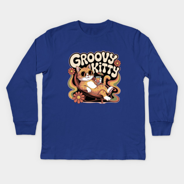 Groovy Kitty - Retro 1970s Cartoon Cat Kids Long Sleeve T-Shirt by Vintage Retro Prints by RDR Design