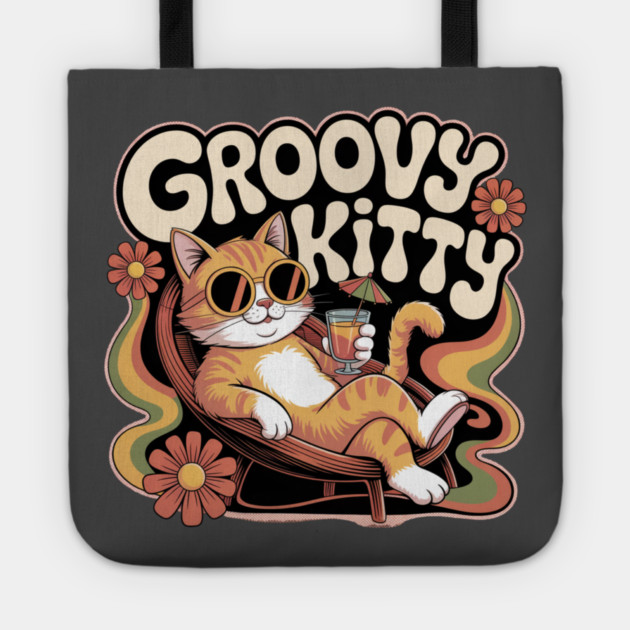 Groovy Kitty - Retro 1970s Cartoon Cat Tote by Vintage Retro Prints by RDR Design