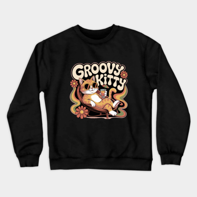 Groovy Kitty - Retro 1970s Cartoon Cat Crewneck Sweatshirt by Vintage Retro Prints by RDR Design